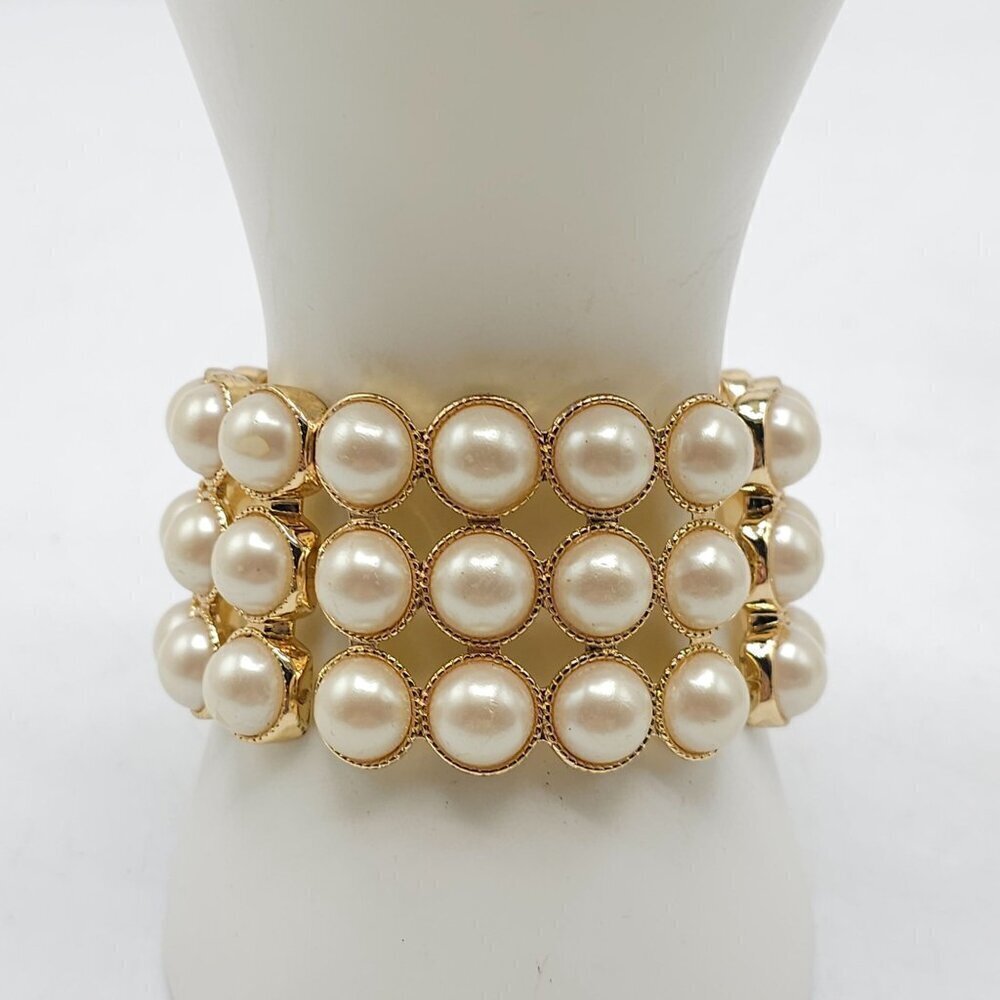 Gold Tone Stretch Bracelet With Faux Pearls By Chicos